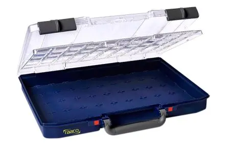 Produktfoto 1 von Raaco Kleinteilebox, Polypropylen, Polycarbonat Blau, 55 Fächer Verstellbare Fächer, 58.0 mm x 413.0mm x 330.0 mm
