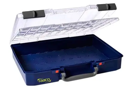 Produktfoto 1 von Raaco Kleinteilebox, Polypropylen, Polycarbonat Blau, 80 Fächer Verstellbare Fächer, 82.0 mm x 413.0mm x 330.0 mm