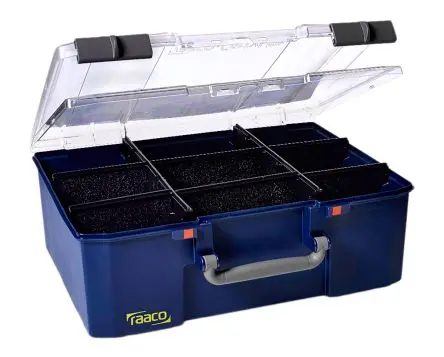 Produktfoto 1 von Raaco Kleinteilebox, Polycarbonat, Polypropylen Blau Verstellbare Fächer, 148.0 mm x 413.0mm x 330.0 mm