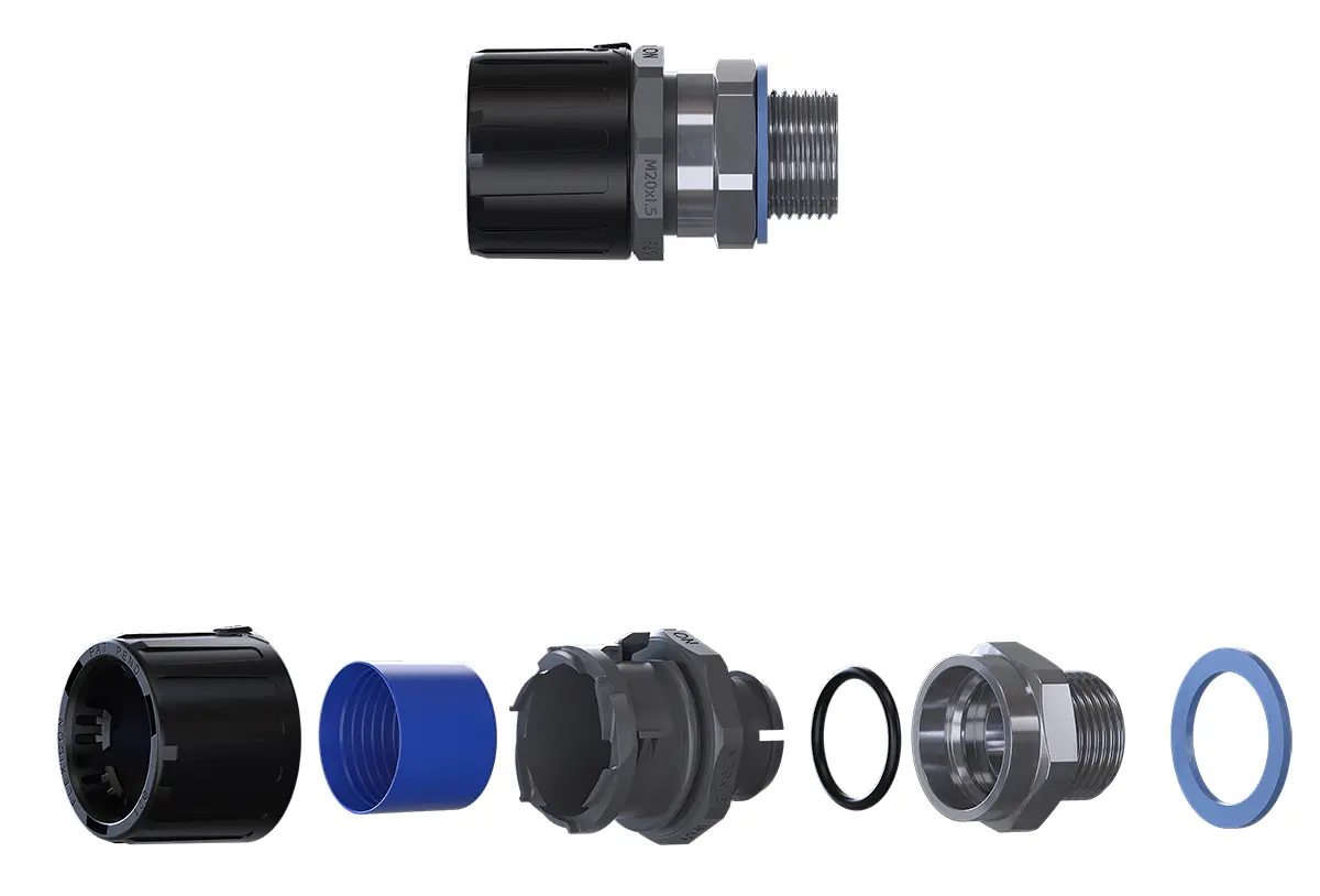 Produktfoto 1 von Flexicon FPAU Nylon 6.6 Kabelrohr Befestigung Kabelrohr M16 16 mm Schwarz, Grau Schwarz-Finish IP68, IP66, IP40, IP69