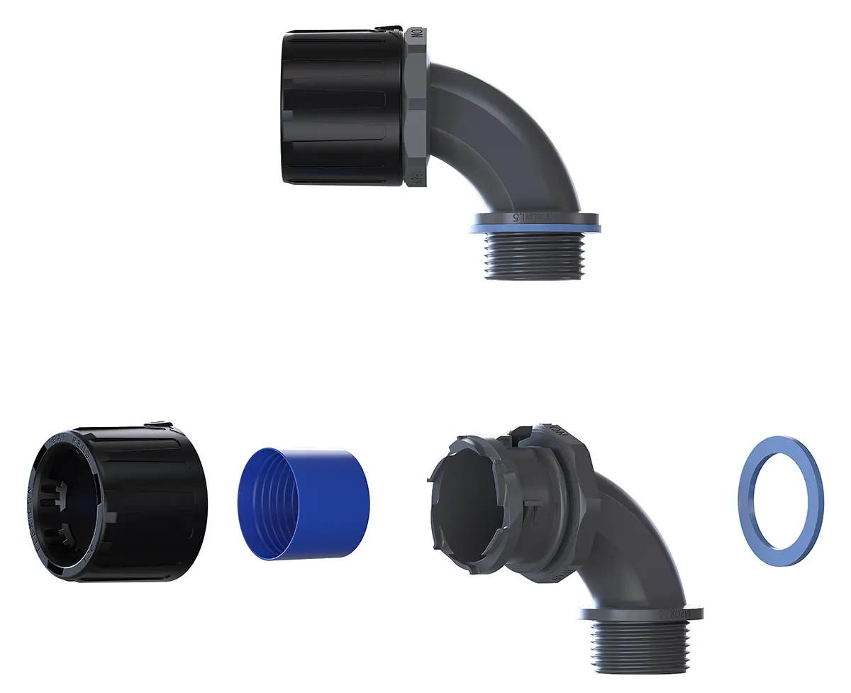Produktfoto 1 von Flexicon FPAU 90 Nylon 6.6 Kabelrohr Befestigung Kabelrohr M40 42 mm Grau, Schwarz Schwarz-Finish IP40, IP69, IP66, IP68