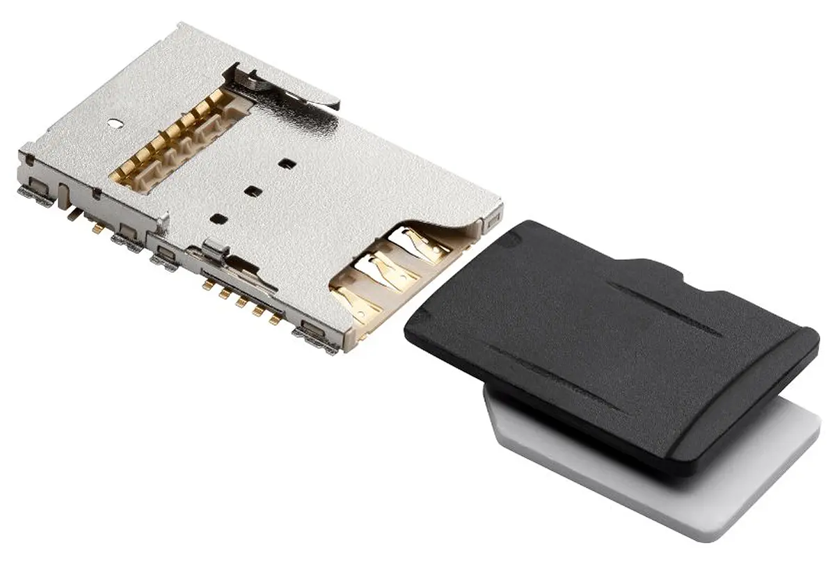 Produktfoto 1 von Molex 104239 Nano-SIM, MicroSD, Gerade Steckverbinder für Speicherkarten Buchse, 6-polig / 1-reihig Lot, Raster 2.54 mm,