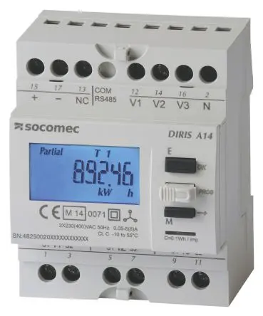 Produktfoto 1 von Socomec DIRIS A14 Digitales Multifunktionsmessgerät LCD 90 mm x 72 mm Elektrisch / 1-phasig Impulsausgang