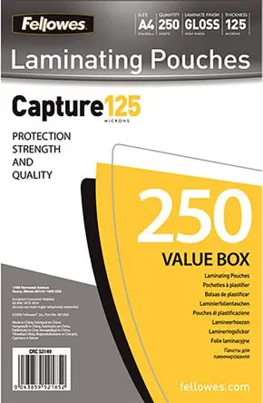 Produktfoto 1 von Fellowes Laminiertasche, A4+, 125 μm, Glänzend, 250 pro Paket Stück H. 306 mm B. 260mm