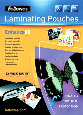 Produktfoto 1 von Fellowes Laminiertasche, A4+, 80 μm, Glänzend, 100 pro Paket Stück H. 188 mm B. 258mm