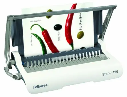 Produktfoto 1 von Fellowes Plastikkamm Bindemaschine Star+ 150, 150 Blätter Grau, Weiß, Stanz 15 Blätter 4.3 kg H. 80 mm T. 280 mm B.