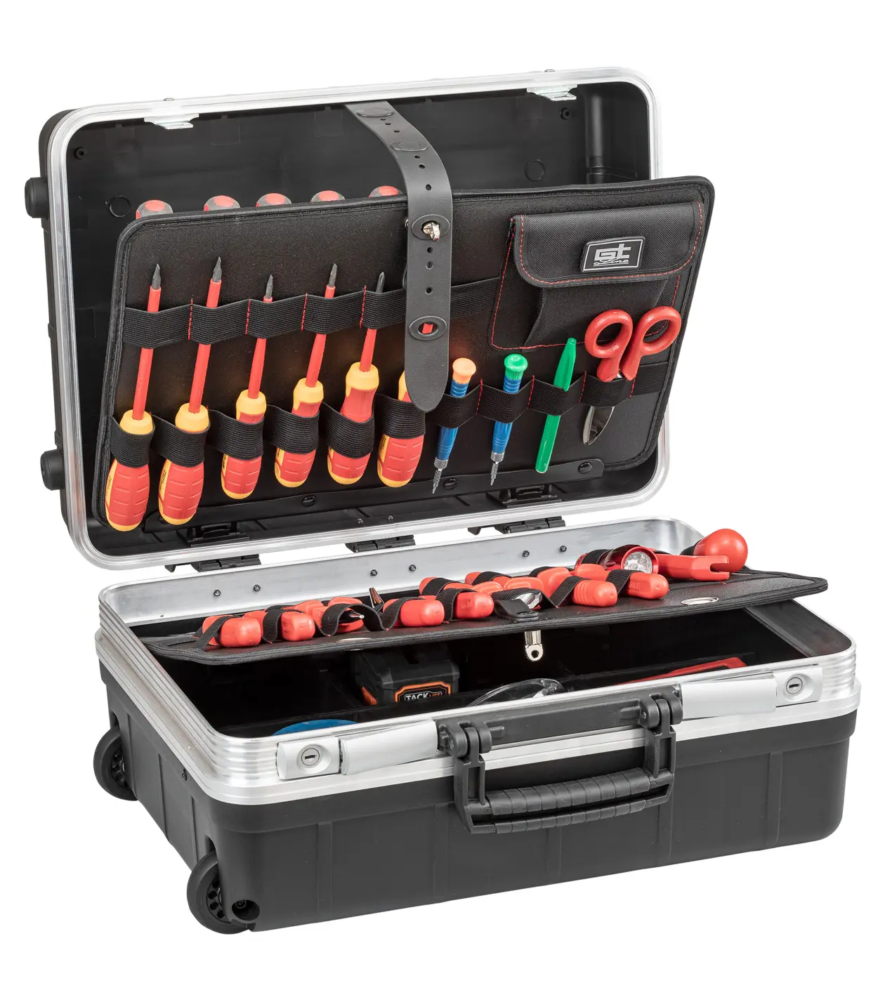 Produktfoto 1 von GT Line Aluminium Werkzeugkoffer Schwarz, 2 Schubladen, L. 453 mm B. 197 mm H. 332 mm, 4.5 kg mit Rädern, Schlüssel
