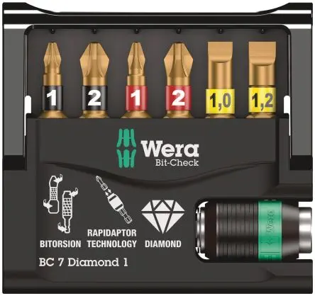 Produktfoto 1 von Wera Sechskant, Phillips, Pozidriv, Geschlitzt Sechskant Treiberbit, Diamant-Spitze PH1, PH2, PZ1, PZ2, SL5.5, SL6.5,