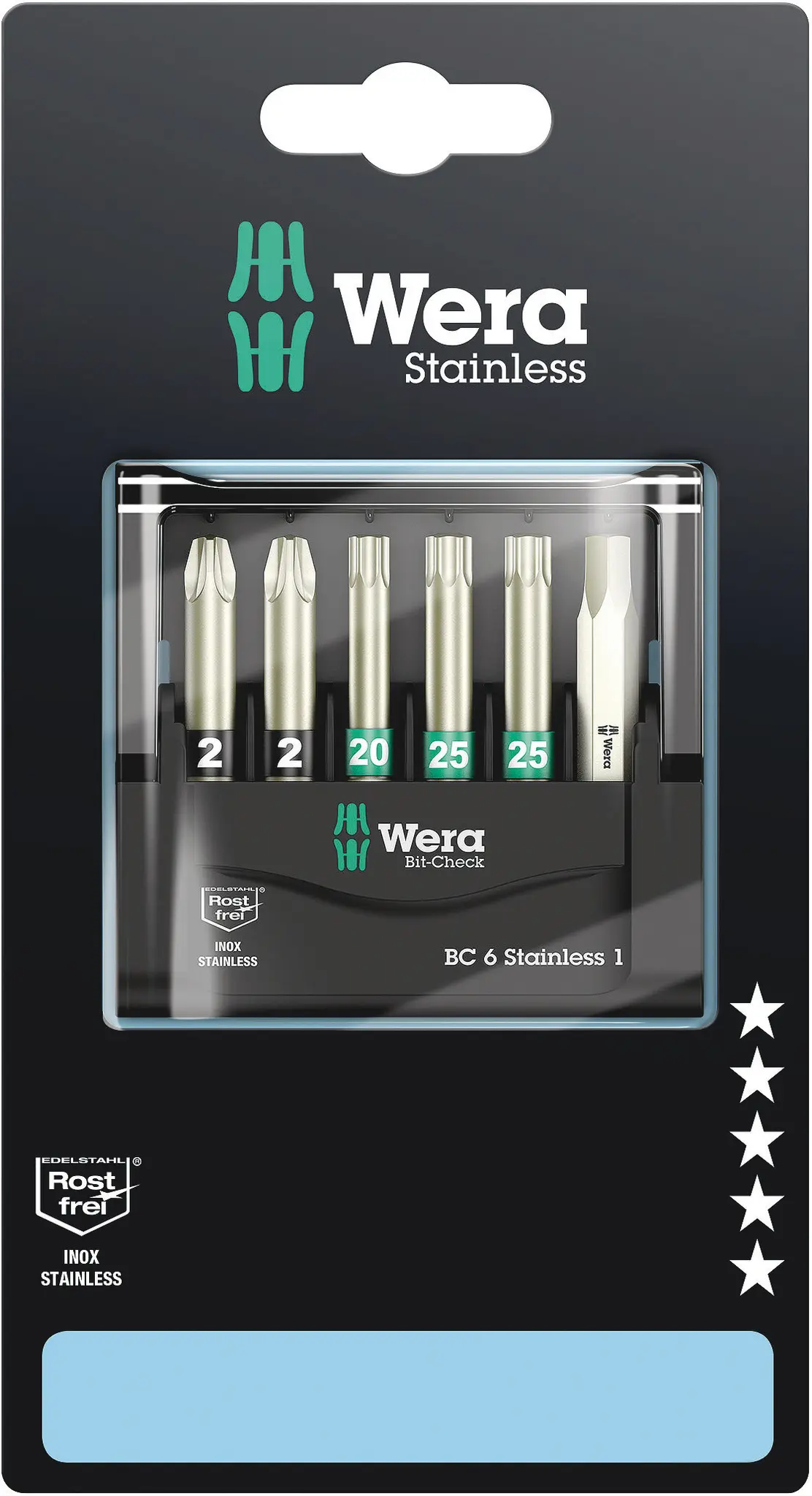 Produktfoto 1 von Wera Innensechsrund, Sechskant, Pozidriv Sechskant Edelstahl Hex 5.5, PZ2, T20, T25, 6-teilig