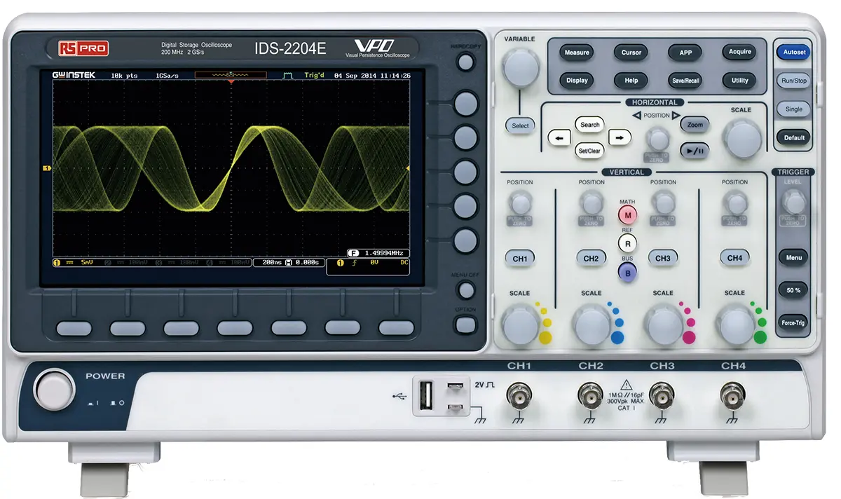 Produktfoto 1 von RS PRO IDS2204E Oszilloskop 4-Kanal Analog 200MHz, ISO-kalibriert CAN, IIC, LIN, RS232, RS422, RS485, SPI, UART, USB