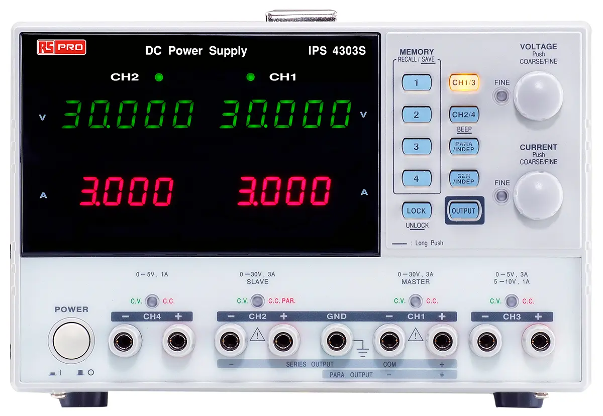 Produktfoto 1 von RS PRO 4-Kanal Digital Labornetzgerät 195W, 5 V, 30 V / 1 A, 3 A, ISO-kalibriert