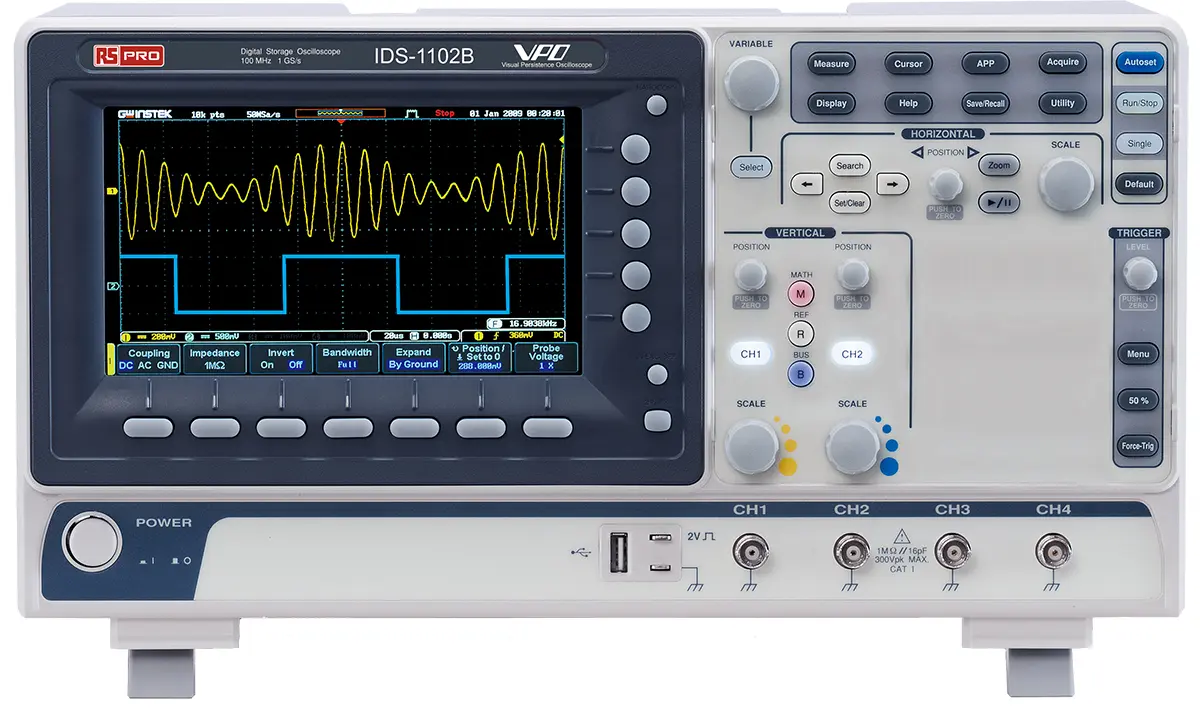 Produktfoto 1 von RS PRO IDS1102B Oszilloskop 2-Kanal Analog 100MHz, ISO-kalibriert USB