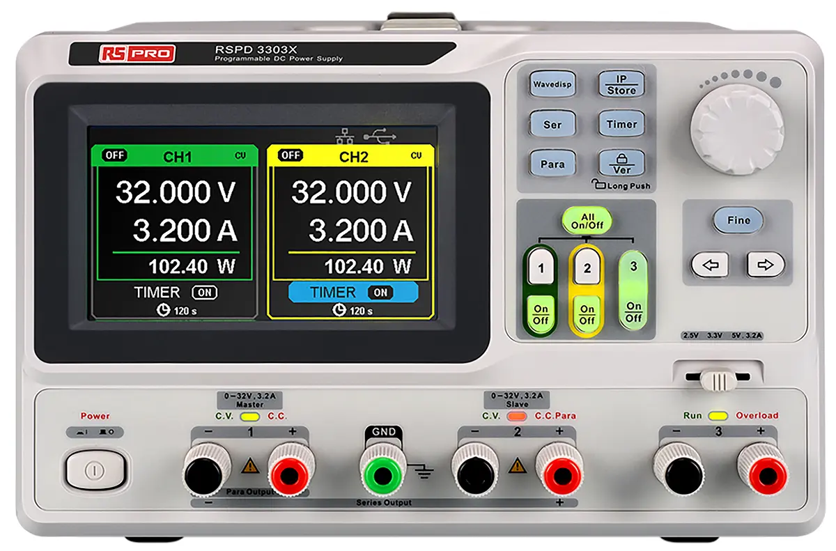Produktfoto 1 von RS PRO 3-Kanal Programmier Labornetzgerät 220W, 2 x 0 → 32 V, 2.5 → 5 V / 3.2A, ISO-kalibriert
