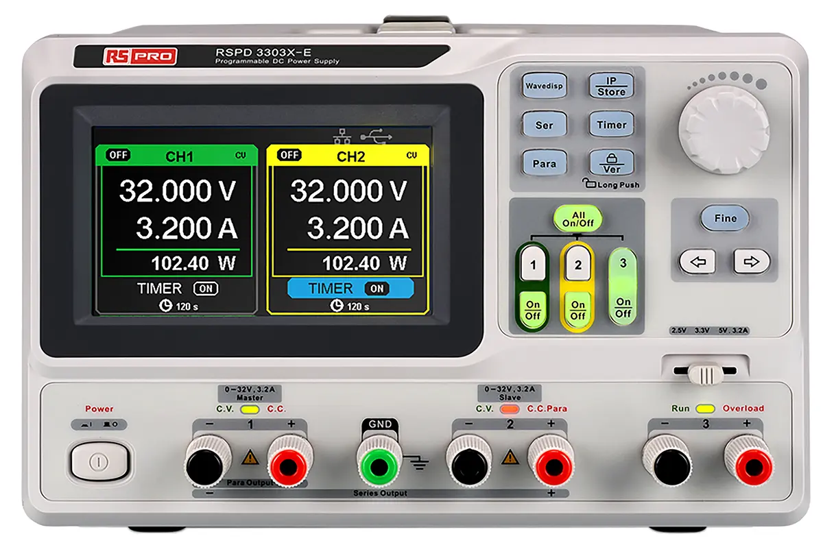 Produktfoto 1 von RS PRO 3-Kanal Programmier Labornetzgerät 220W, 2 x 0 → 32 V, 2.5 → 5 V / 3.2A, ISO-kalibriert