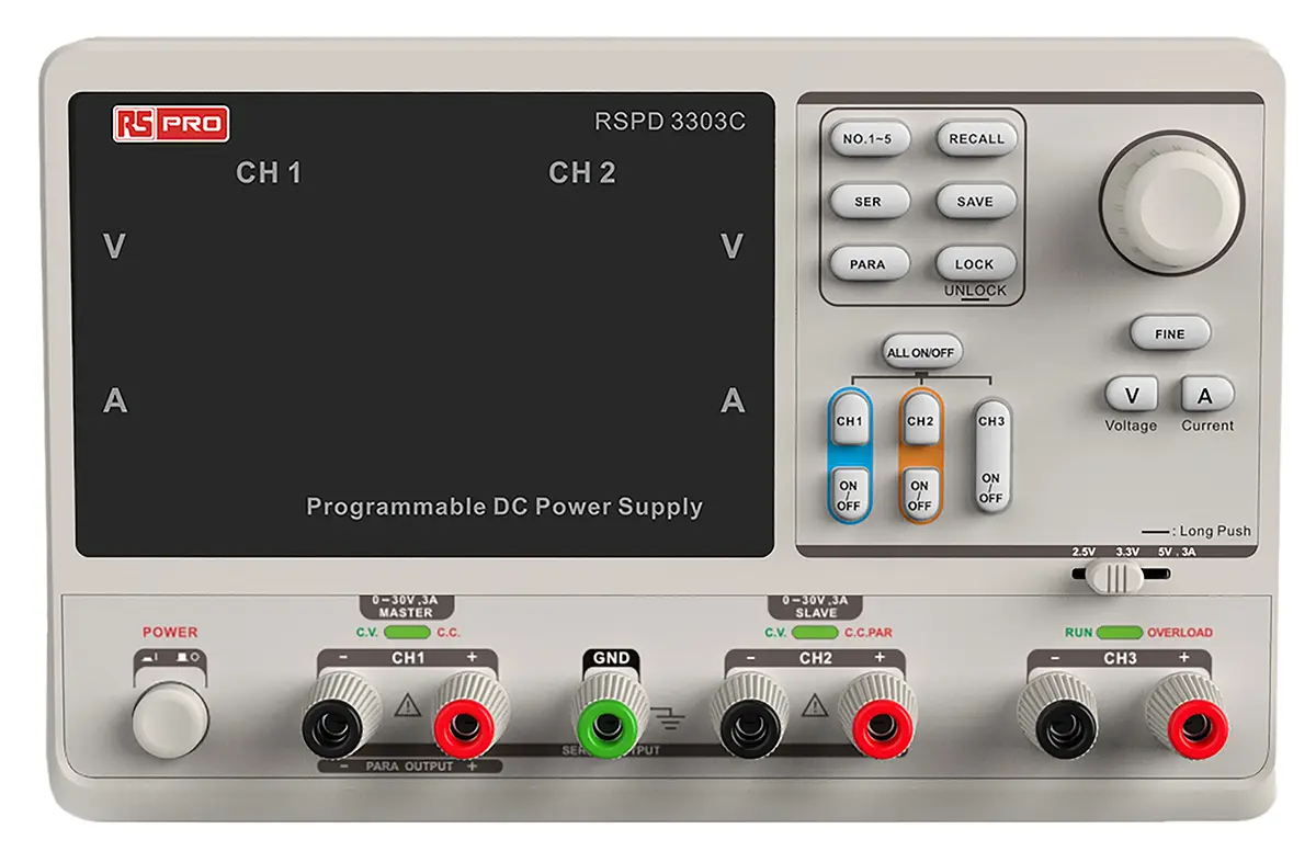 Produktfoto 1 von RS PRO 3-Kanal Programmier Labornetzgerät 220W, 2 x 0 → 32 V, 2.5 → 5 V / 3.2A, ISO-kalibriert