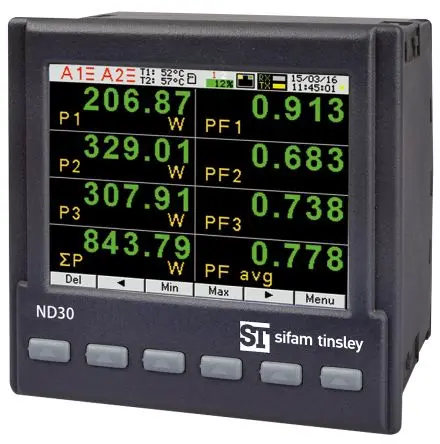 Produktfoto 1 von Sifam Tinsley ND30 Energiemessgerät TFT-LCD 96 mm x 96 mm Elektrisch / 3-phasig 2 Ausg. 2 Eing. Impulsausgang