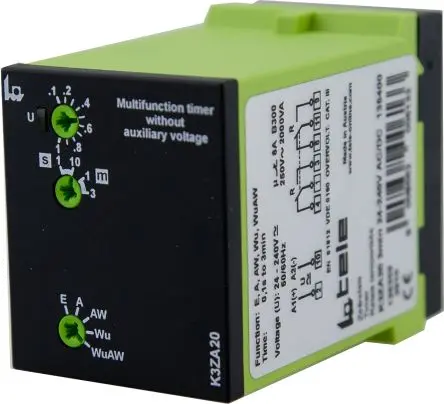 Produktfoto 1 von Tele K3ZA20 Zeitrelais 24 to 240 V dc 24V ac, 240 V ac, 1 s to 3 min, 2 Kont. Multifunktion, 2-poliger Umschalter