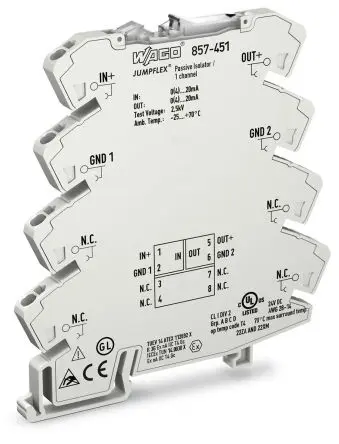 Produktfoto 1 von WAGO Serie JUMPFLEX Isolation Amplifiers Signalwandler, Strom 0 → 20 mA EIN / Strom 0 → 20 mA AUS DIN-Hutschiene, IECEx,