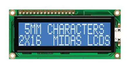 Produktfoto 1 von Midas G Monochrom LCD, Alphanumerisch LED Blau 2 x 16, Hintergrund Weiß, 8-Bit Interface