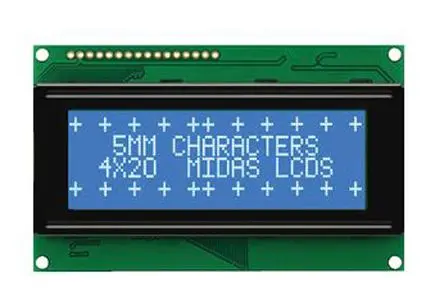 Produktfoto 1 von Midas A Monochrom LCD, Alphanumerisch LED Blau 4 x 20, Hintergrund Weiß, 8-Bit Interface