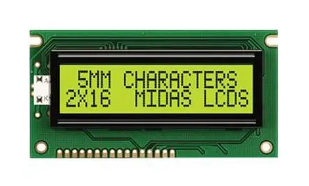 Midas A Monochrom LCD, Alphanumerisch LED Grün 2 x 16, Hintergrund Grün, 8-Bit Interface