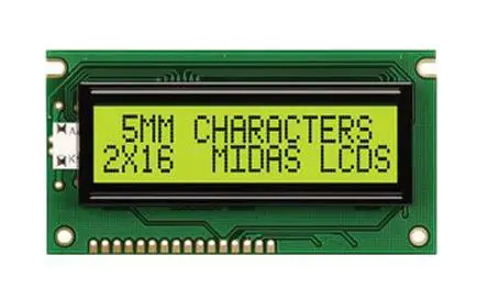 Produktfoto 1 von Midas A Monochrom LCD, Alphanumerisch LED Grün, Gelb 2 x 16, Hintergrund Gelb, Grün, 8-Bit Interface