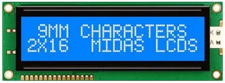Produktfoto 1 von Midas AB Monochrom LCD, Alphanumerisch LED Blau 2 x 16, Hintergrund Weiß, 8-Bit Interface