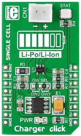 Produktfoto 1 von MikroElektronika MCP73831 Entwicklungsbausatz Spannungsregler, Ladegerät Klick Akkuladegerät, für Li-Ion- und