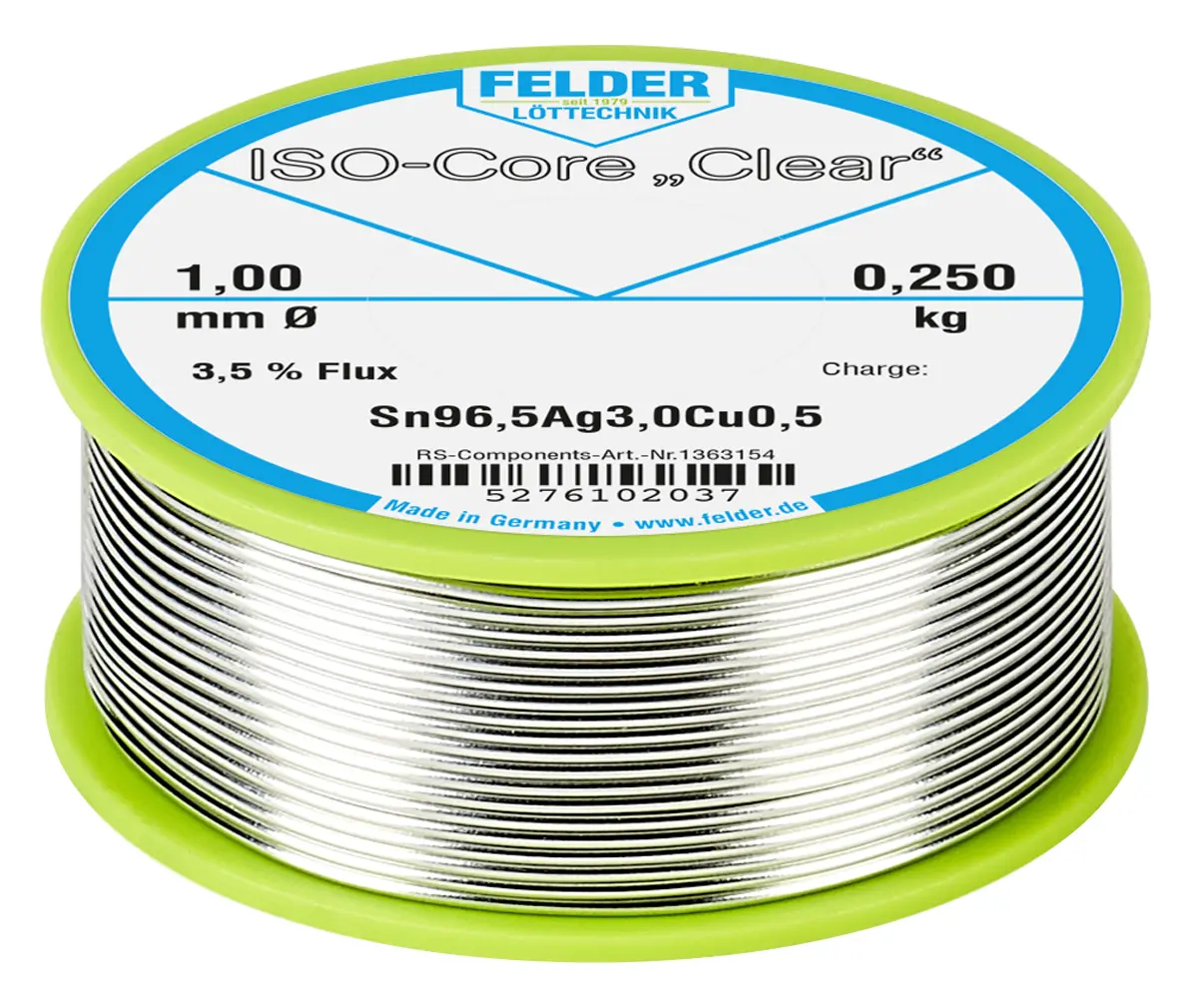 Produktfoto 1 von Felder Lottechnik Draht Lötzinn bleifrei 96.5 %Sn 0 %Pb 0.5 %Cu 3 %Ag, 217 °C, Ø 1 mm / 250 g