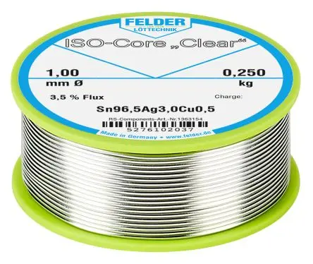 Produktfoto 1 von Felder Lottechnik Draht Lötzinn bleifrei 96.5 %Sn 0 %Pb 0.5 %Cu 3 %Ag, 217 °C, Ø 1 mm / 250 g