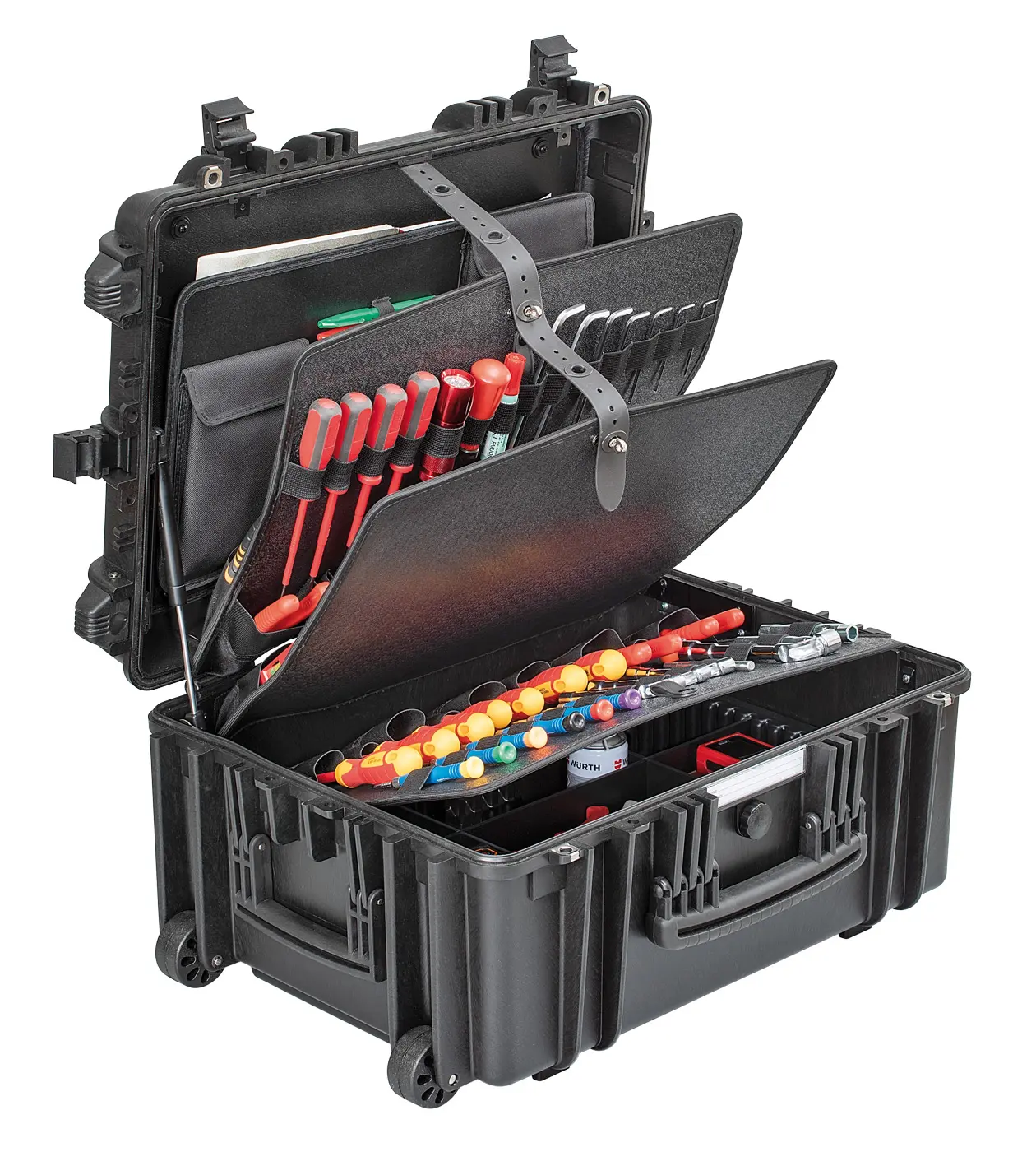 Produktfoto 1 von GT Line Kunststoff Werkzeugkoffer Schwarz, 3 Schubladen, L. 445 mm B. 345 mm H. 190 mm, 6.5 kg mit Rädern,