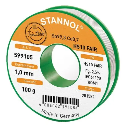 Produktfoto 1 von Stannol Draht Lötzinn bleifrei 99.3 %Sn 0 %Pb 0.7 %Cu, 227 °C, Ø 1 mm / 100 g