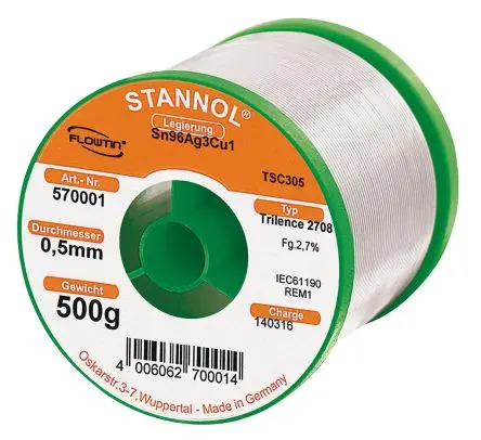 Produktfoto 1 von Stannol Draht Lötzinn bleifrei 96 %Sn 0 %Pb 1 %Cu 3 %Ag, 217 °C, Ø 0.5 mm / 500 g
