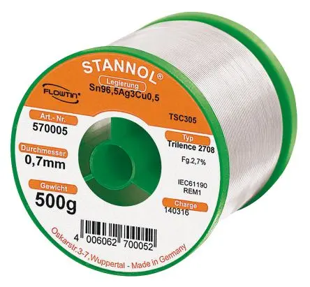 Produktfoto 1 von Stannol Draht Lötzinn bleifrei 96.5 %Sn 0 %Pb 0.5 %Cu 3 %Ag, 217 °C, Ø 0.7 mm / 500 g