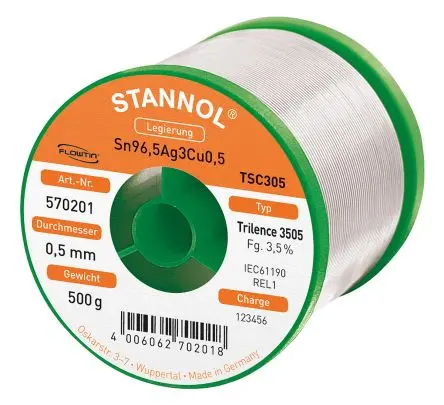 Produktfoto 1 von Stannol Draht Lötzinn bleifrei 96.5 %Sn 0 %Pb 0.5 %Cu 3 %Ag, 217 °C, Ø 0.5 mm / 500 g
