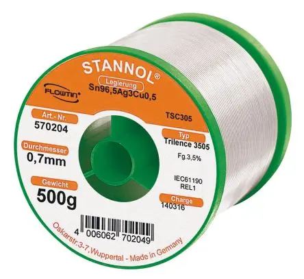 Produktfoto 1 von Stannol Draht Lötzinn bleifrei 96.5 %Sn 0 %Pb 0.5 %Cu 3 %Ag, 217 °C, Ø 0.7 mm / 500 g
