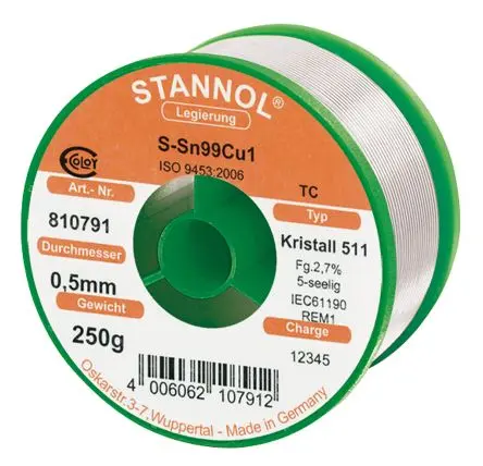 Produktfoto 1 von Stannol Draht Lötzinn bleifrei 99 %Sn 0 %Pb 1 %Cu, 227 °C, Ø 0.5 mm / 250 g