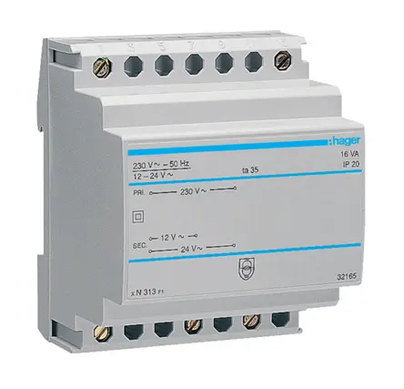 Produktfoto 1 von Hager 1 Baustellentransformator 16 VA, Primär 230 V / Sekundär 12 V, 16 V, 24 V, 30 V, 2.08 A