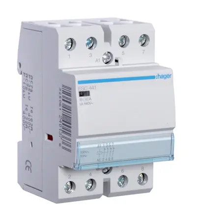 Produktfoto 1 von Hager ESC Schütz 230 V ac-Spule, 4-polig, 400V ac / 40 A 230 V ac 7 W 4 Öffner Motorsteuerung 4-Hilfskontakte