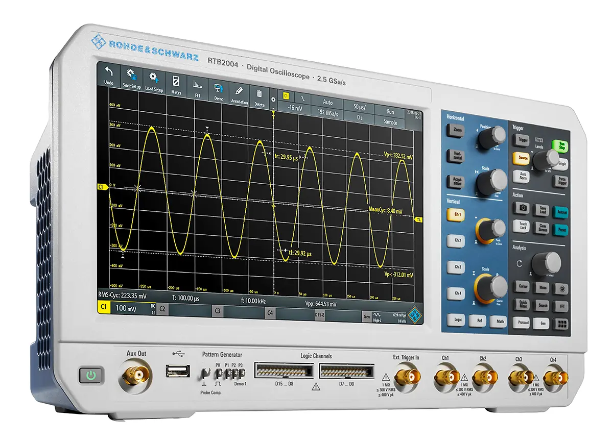 Produktfoto 1 von Rohde & Schwarz RTB2000 RTB2004 Mixed-Signal Tisch Oszilloskop 4-Kanal Analog / 16 Digital 100MHz CAN, IIC, LIN, RS232,