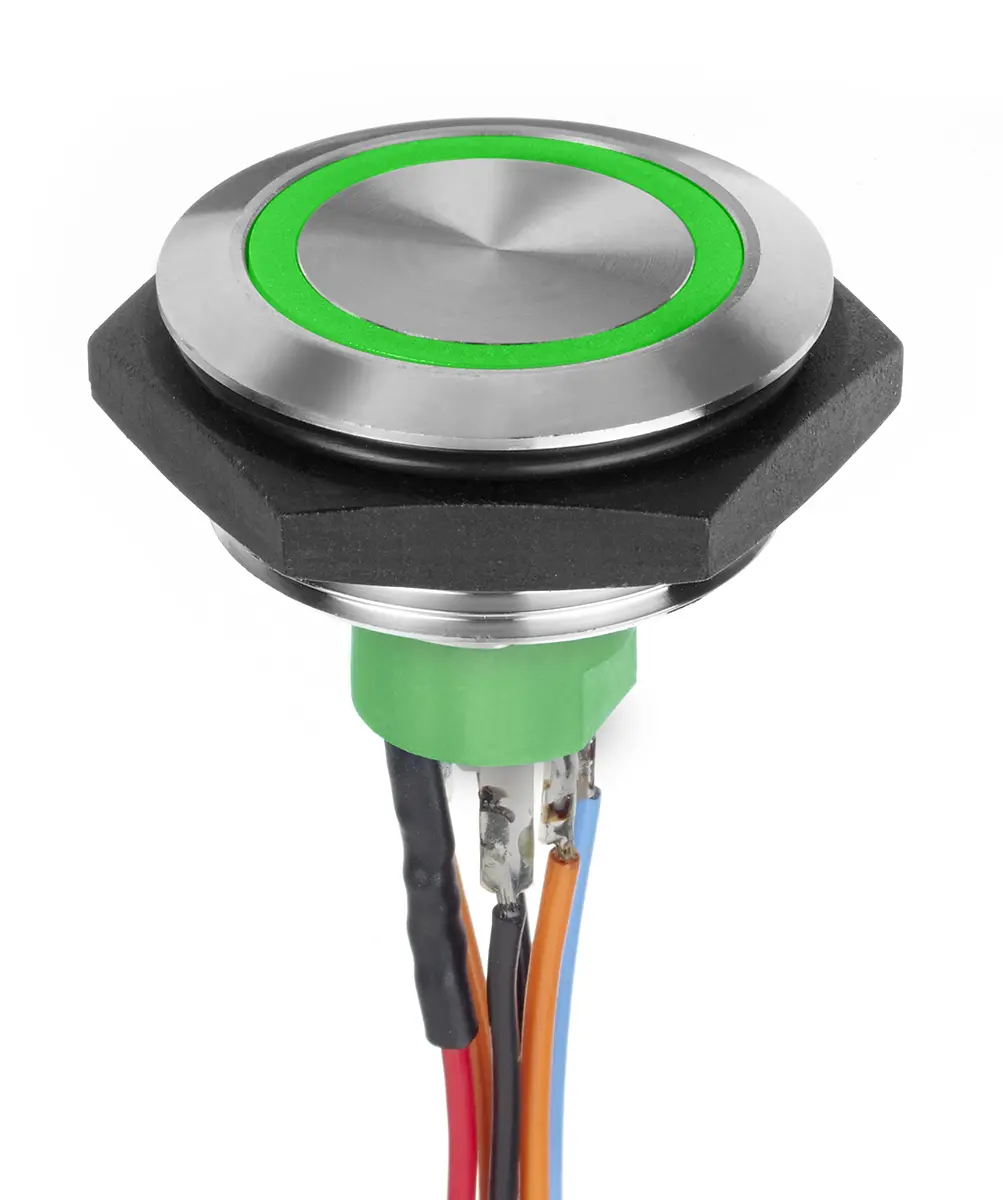 Produktfoto 1 von APEM AV Vandalengeschützter Druckschalter Grün Beleuchtet Tastend Panel Ø 30.2 mm, SPST / 1 A 30 V dc, IP40