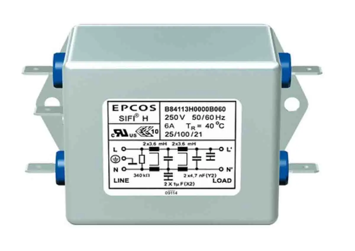 EPCOS B84113H EMV-Filter, 250V ac/dc, 6 A, Fahrgestell, Stecker, 1-phasig 0.369 mA / 50/60 Hz 2 Zustände