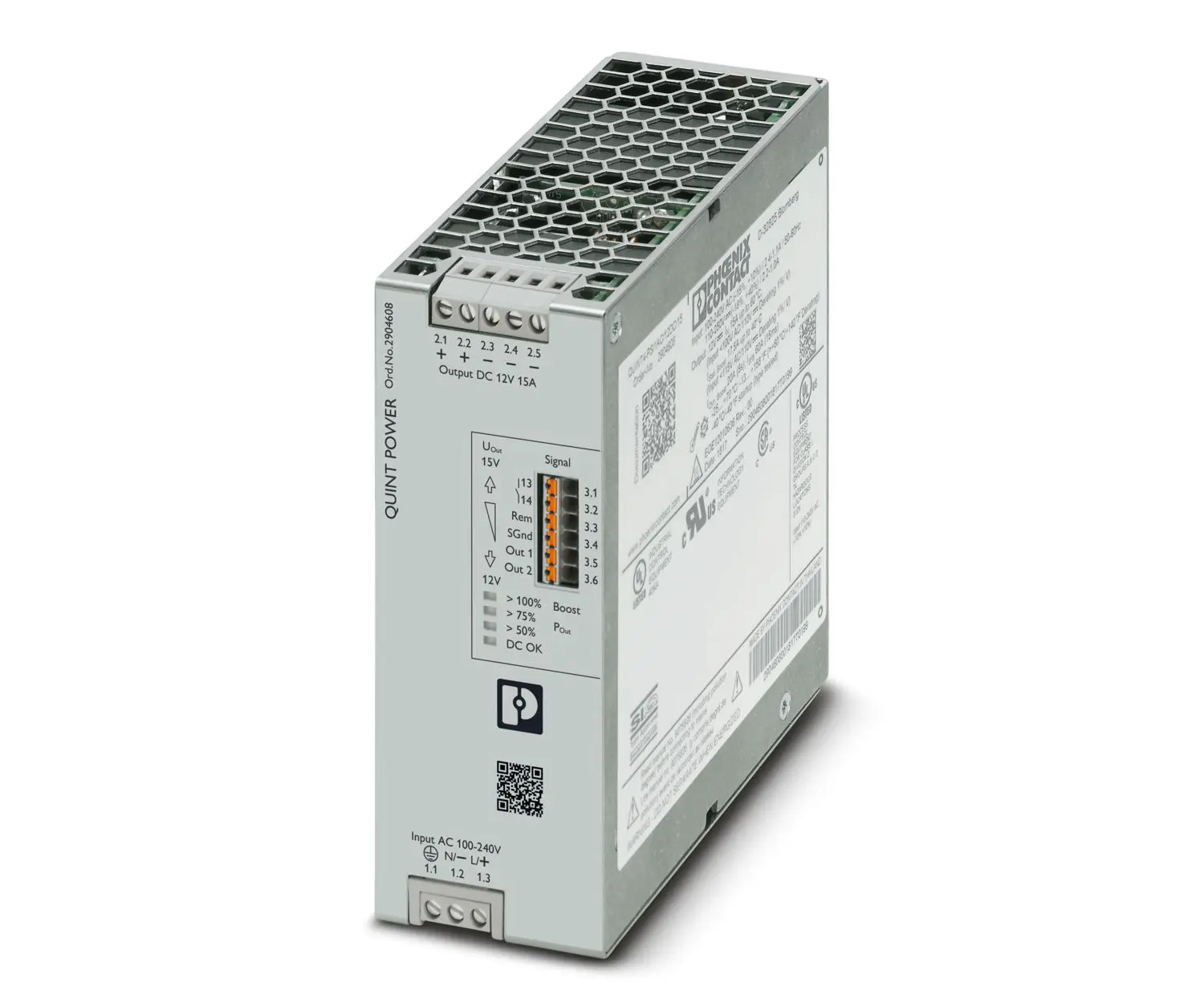 Produktfoto 1 von Phoenix Contact QUINT4-PS/1AC/12DC/15 DIN-Schienen Netzteil Getaktet 12V dc / 15A 180W 100 → 240 V ac / 110