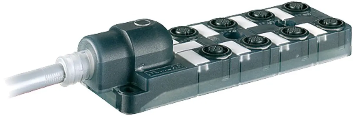 Produktfoto 1 von RS PRO Sensor-Box 24V dc 8 Anschlüsse 5 Auslässe M12 Gerade