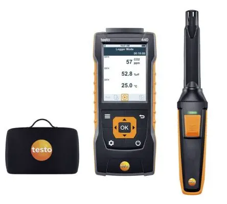 Produktfoto 1 von Testo 440 CO₂ Kit with Bluetooth Datenloggerfunktion LCD Luftqualitätsüberwachung 1370 °C, bis 50 °C, Batterie-betrieben