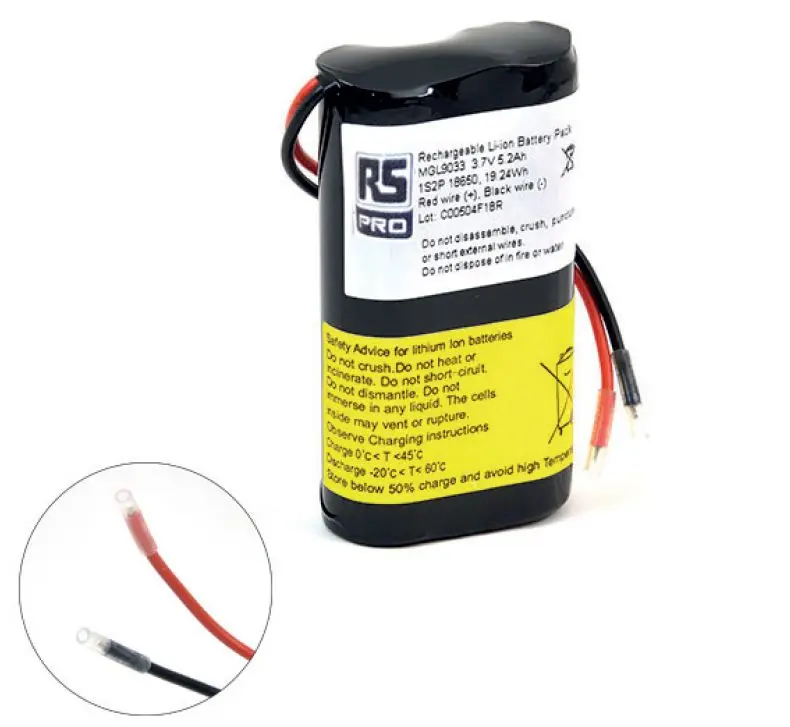 Produktfoto 1 von RS PRO Li-Ion Akkupack, 2-Zellen 3.6V / 5.2Ah, Draht-Anschluss