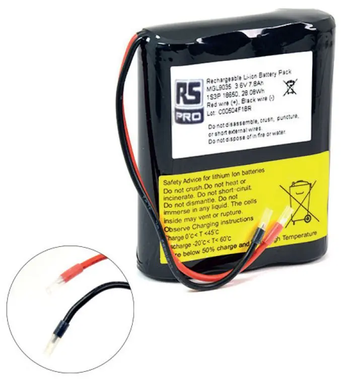 Produktfoto 1 von RS PRO Li-Ion Akkupack, 3-Zellen 3.6V / 7.8Ah, Draht-Anschluss