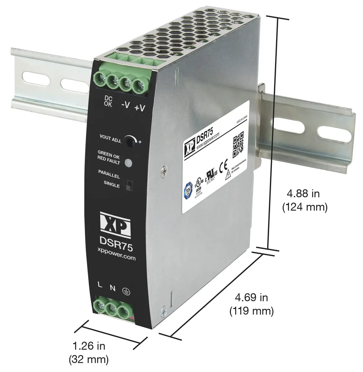Produktfoto 1 von XP Power DSR75 DIN-Schienen Netzteil Getaktet 24V dc / 3.2A 75W 85 → 264V ac