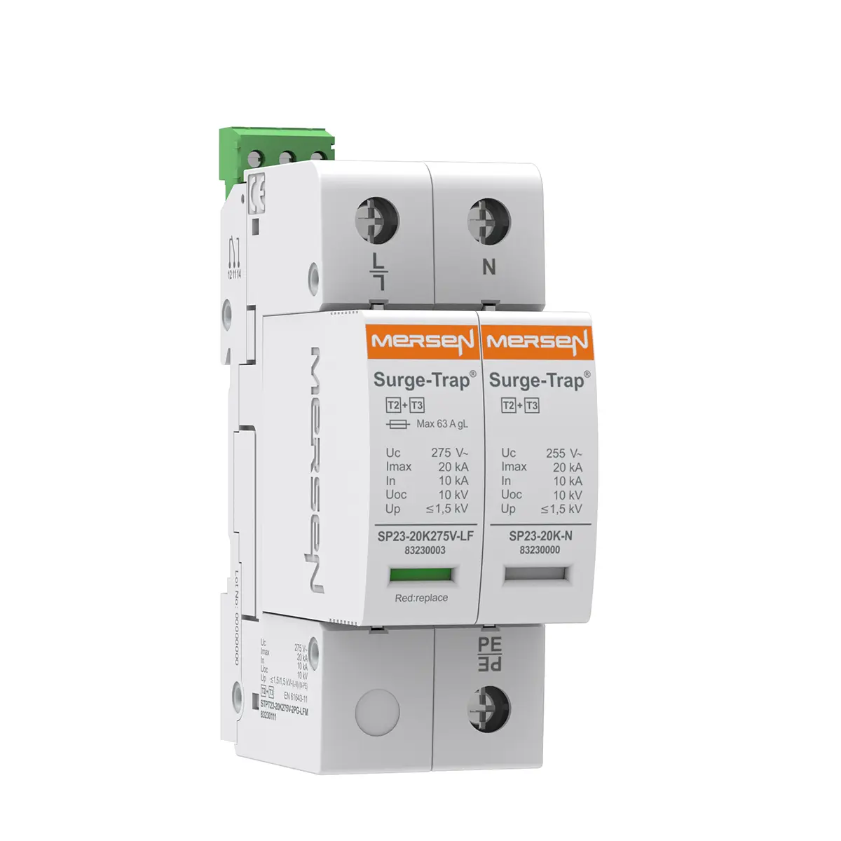 Produktfoto 1 von Mersen STPT23 Überspannungsschutz Arrester Typ 3, Arrester Typ 2 20 kA 275V ac, DIN-Hutschiene