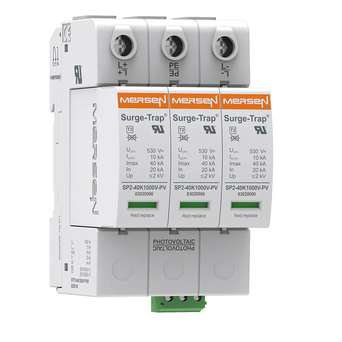 Produktfoto 1 von Mersen STPT2 Überspannungsschutz Arrester Typ 2 40 kA 1060V, DIN-Hutschiene, -40 °C→85 °C